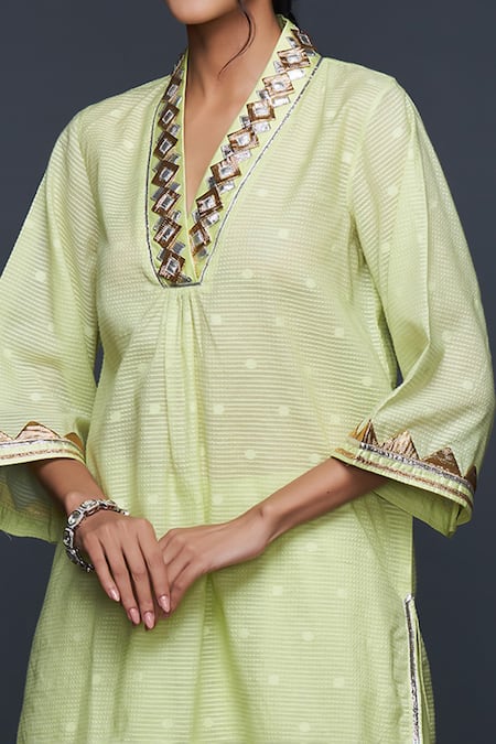 Buy Gulabo By Abu Sandeep Green Jacquard Gota Patti V-neck Applique Embellished Tunic Buy_Gulabo By Abu Sandeep_Green Jacquard Gota Patti V-neck Applique Embellished Tunic