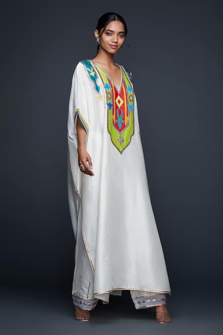 Gulabo By Abu Sandeep Off White Cotton Silk Embroidery Gota V Neck Kaftan Online at Aza Fashions Gulabo By Abu Sandeep_Off White Cotton Silk Embroidery Gota V Neck Kaftan _Online_at_Aza_Fashions