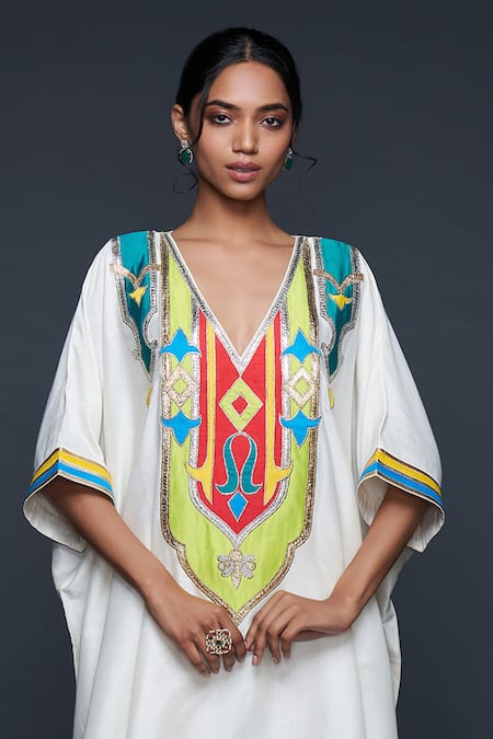 Shop Gulabo By Abu Sandeep Off White Cotton Silk Embroidery Gota V Neck Kaftan Online at Aza Fashions Shop_Gulabo By Abu Sandeep_Off White Cotton Silk Embroidery Gota V Neck Kaftan _Online_at_Aza_Fashions