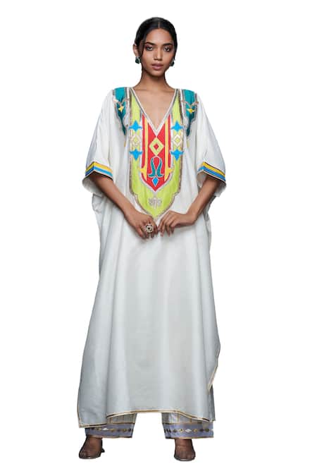 Gulabo By Abu Sandeep Off White Cotton Silk Embroidery Gota V Neck Kaftan at Aza Fashions Gulabo By Abu Sandeep_Off White Cotton Silk Embroidery Gota V Neck Kaftan _at_Aza_Fashions