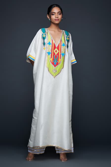 Buy Gulabo By Abu Sandeep Off White Cotton Silk Embroidery Gota V Neck Kaftan Buy_Gulabo By Abu Sandeep_Off White Cotton Silk Embroidery Gota V Neck Kaftan