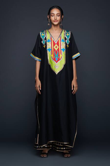 Gulabo By Abu Sandeep Black Cotton Silk Embroidery Gota V Neck Kaftan Online at Aza Fashions Gulabo By Abu Sandeep_Black Cotton Silk Embroidery Gota V Neck Kaftan _Online_at_Aza_Fashions
