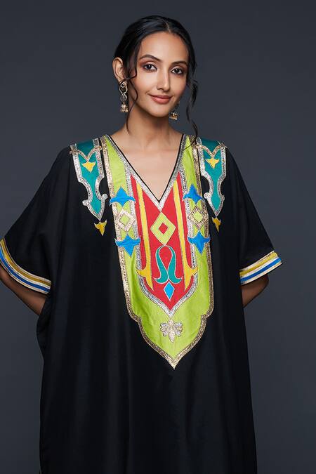 Buy Gulabo By Abu Sandeep Black Cotton Silk Embroidery Gota V Neck Kaftan Online at Aza Fashions Buy_Gulabo By Abu Sandeep_Black Cotton Silk Embroidery Gota V Neck Kaftan _Online_at_Aza_Fashions