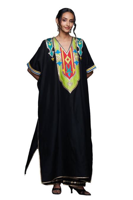 Shop Gulabo By Abu Sandeep Black Cotton Silk Embroidery Gota V Neck Kaftan Online at Aza Fashions Shop_Gulabo By Abu Sandeep_Black Cotton Silk Embroidery Gota V Neck Kaftan _Online_at_Aza_Fashions