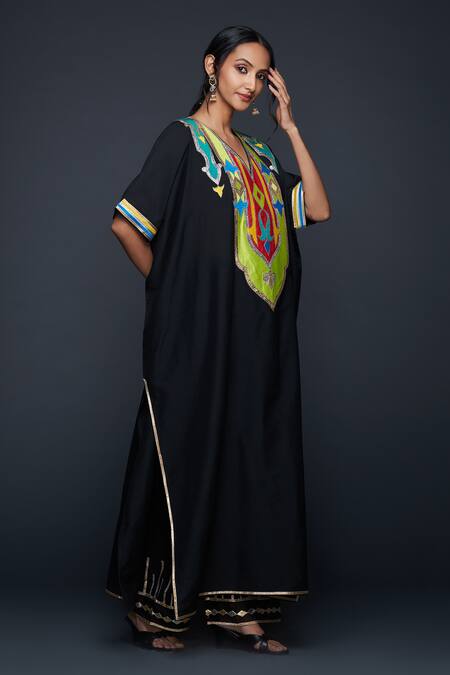 Gulabo By Abu Sandeep Black Cotton Silk Embroidery Gota V Neck Kaftan at Aza Fashions Gulabo By Abu Sandeep_Black Cotton Silk Embroidery Gota V Neck Kaftan _at_Aza_Fashions
