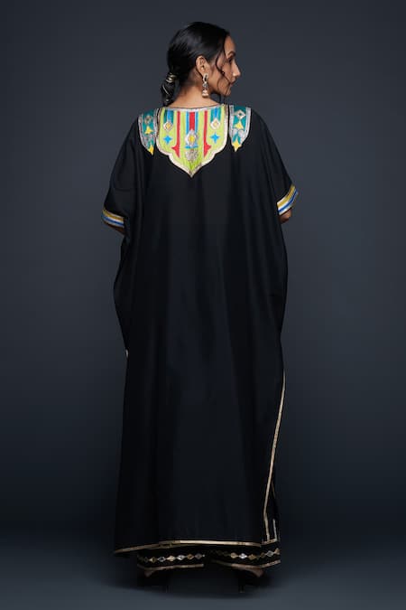 Shop Gulabo By Abu Sandeep Black Cotton Silk Embroidery Gota V Neck Kaftan at Aza Fashions Shop_Gulabo By Abu Sandeep_Black Cotton Silk Embroidery Gota V Neck Kaftan _at_Aza_Fashions