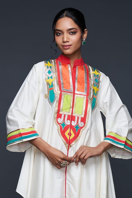 Shop Gulabo By Abu Sandeep Off White Cotton Silk Embroidery Gota Stand Abstract Yoke Tunic Online at Aza Fashions Shop_Gulabo By Abu Sandeep_Off White Cotton Silk Embroidery Gota Stand Abstract Yoke Tunic _Online_at_Aza_Fashions