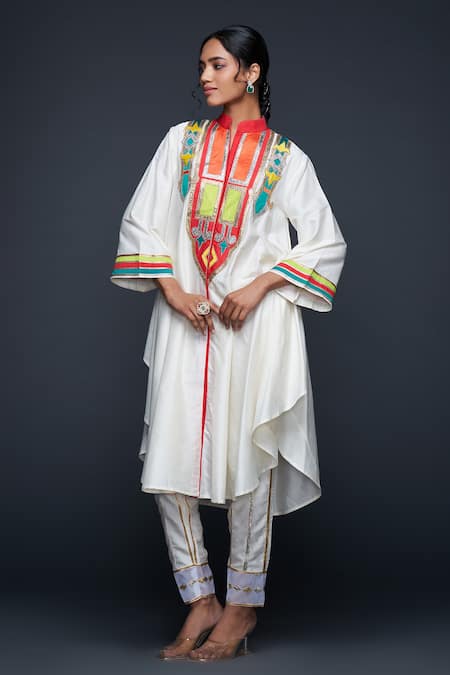 Gulabo By Abu Sandeep Off White Cotton Silk Embroidery Gota Stand Abstract Yoke Tunic at Aza Fashions Gulabo By Abu Sandeep_Off White Cotton Silk Embroidery Gota Stand Abstract Yoke Tunic _at_Aza_Fashions