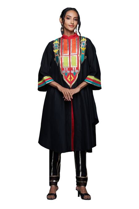 Gulabo By Abu Sandeep Black Cotton Silk Embroidery Gota Stand Collar Abstract Yoke Tunic Online at Aza Fashions Gulabo By Abu Sandeep_Black Cotton Silk Embroidery Gota Stand Collar Abstract Yoke Tunic _Online_at_Aza_Fashions