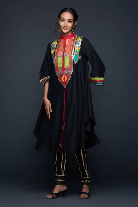 Buy Gulabo By Abu Sandeep Black Cotton Silk Embroidery Gota Stand Collar Abstract Yoke Tunic Online at Aza Fashions Buy_Gulabo By Abu Sandeep_Black Cotton Silk Embroidery Gota Stand Collar Abstract Yoke Tunic _Online_at_Aza_Fashions