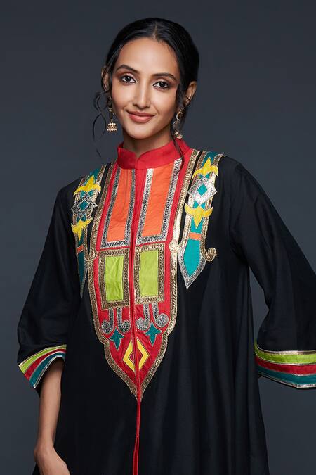 Shop Gulabo By Abu Sandeep Black Cotton Silk Embroidery Gota Stand Collar Abstract Yoke Tunic Online at Aza Fashions Shop_Gulabo By Abu Sandeep_Black Cotton Silk Embroidery Gota Stand Collar Abstract Yoke Tunic _Online_at_Aza_Fashions