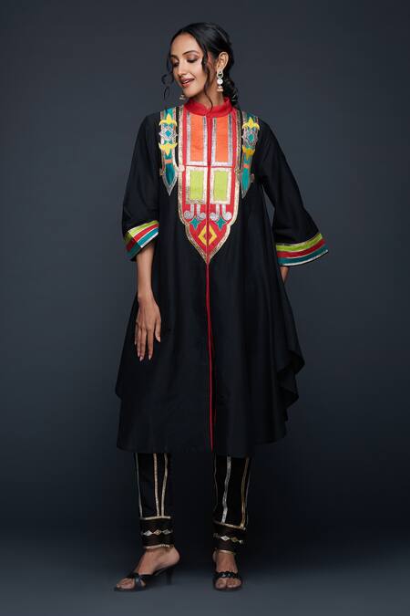 Gulabo By Abu Sandeep Black Cotton Silk Embroidery Gota Stand Collar Abstract Yoke Tunic at Aza Fashions Gulabo By Abu Sandeep_Black Cotton Silk Embroidery Gota Stand Collar Abstract Yoke Tunic _at_Aza_Fashions