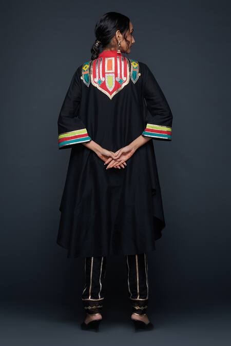 Shop Gulabo By Abu Sandeep Black Cotton Silk Embroidery Gota Stand Collar Abstract Yoke Tunic at Aza Fashions Shop_Gulabo By Abu Sandeep_Black Cotton Silk Embroidery Gota Stand Collar Abstract Yoke Tunic _at_Aza_Fashions