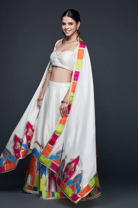 Gulabo By Abu Sandeep_Off White Cotton, Silk Gota Patti Color Block Border Dupatta _Online_at_Aza_Fashions