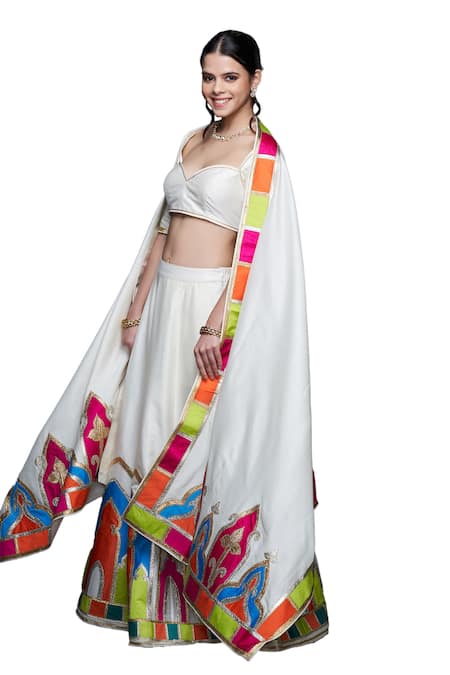 Buy_Gulabo By Abu Sandeep_Off White Cotton, Silk Gota Patti Color Block Border Dupatta _Online_at_Aza_Fashions