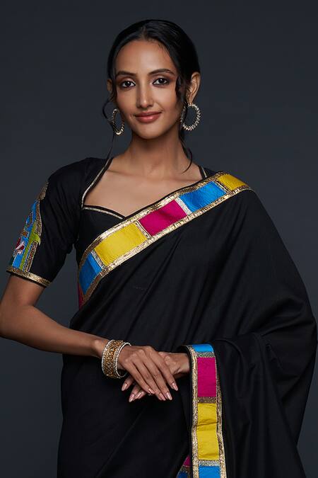 Gulabo By Abu Sandeep_Black Cotton, Silk Gota Patti, Embroidery Abstract Jharokha Saree _Online_at_Aza_Fashions