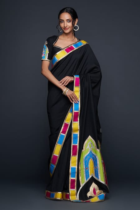 Buy_Gulabo By Abu Sandeep_Black Cotton, Silk Gota Patti, Embroidery Abstract Jharokha Saree _Online_at_Aza_Fashions