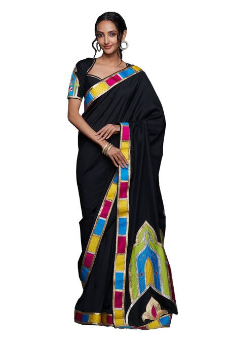 Shop_Gulabo By Abu Sandeep_Black Cotton, Silk Gota Patti, Embroidery Abstract Jharokha Saree _Online_at_Aza_Fashions