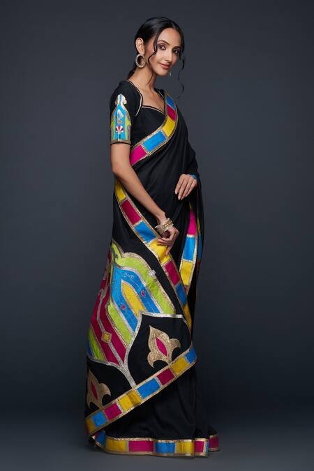 Buy_Gulabo By Abu Sandeep_Black Cotton, Silk Gota Patti, Embroidery Abstract Jharokha Saree 