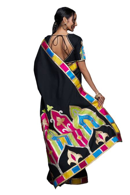 Shop_Gulabo By Abu Sandeep_Black Cotton, Silk Gota Patti, Embroidery Abstract Jharokha Saree 