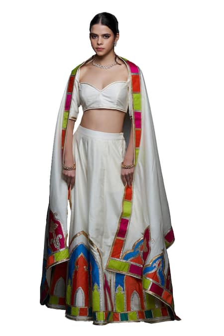 Gulabo By Abu Sandeep Off White Cotton Silk Placement Embroidery Gota Sweetheart Neck Blouse Online at Aza Fashions Gulabo By Abu Sandeep_Off White Cotton Silk Placement Embroidery Gota Sweetheart Neck Blouse _Online_at_Aza_Fashions