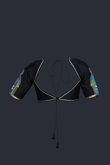 Shop Gulabo By Abu Sandeep Black Cotton Silk Placement Embroidery Gota Sweetheart Neck Blouse Online at Aza Fashions Shop_Gulabo By Abu Sandeep_Black Cotton Silk Placement Embroidery Gota Sweetheart Neck Blouse _Online_at_Aza_Fashions