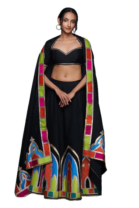 Gulabo By Abu Sandeep Black Cotton Silk Placement Embroidery Gota Sweetheart Neck Blouse at Aza Fashions Gulabo By Abu Sandeep_Black Cotton Silk Placement Embroidery Gota Sweetheart Neck Blouse _at_Aza_Fashions