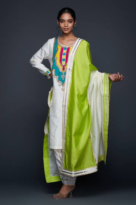 Gulabo By Abu Sandeep_Off White Cotton Silk Placement Embroidery Gota Dupatta  _Online_at_Aza_Fashions