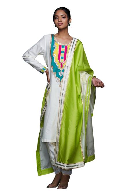 Buy_Gulabo By Abu Sandeep_Off White Cotton Silk Placement Embroidery Gota Dupatta  _Online_at_Aza_Fashions