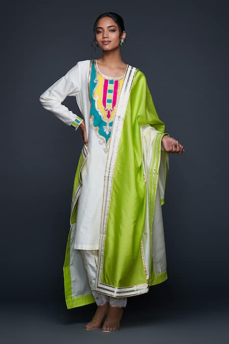 Gulabo by Abu Sandeep Off White Cotton Silk Placement Embroidery Gota Dupatta 