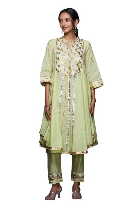 Gulabo By Abu Sandeep Green Jamdani Embroidered Gota Notched Applique Kurta Online at Aza Fashions Gulabo By Abu Sandeep_Green Jamdani Embroidered Gota Notched Applique Kurta _Online_at_Aza_Fashions