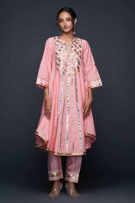 Gulabo By Abu Sandeep Peach Jamdani Embroidered Gota Notched Applique Flared Kurta Online at Aza Fashions Gulabo By Abu Sandeep_Peach Jamdani Embroidered Gota Notched Applique Flared Kurta _Online_at_Aza_Fashions