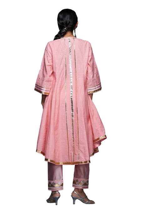 Buy Gulabo By Abu Sandeep Peach Jamdani Embroidered Gota Notched Applique Flared Kurta Buy_Gulabo By Abu Sandeep_Peach Jamdani Embroidered Gota Notched Applique Flared Kurta