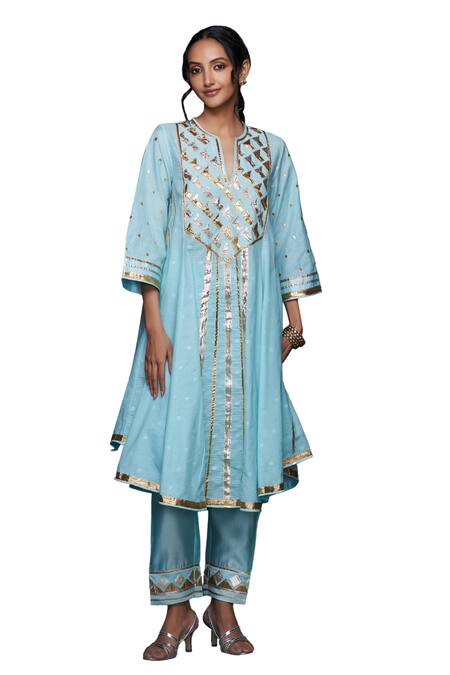 Buy Gulabo By Abu Sandeep Blue Jamdani Embroidered Gota Notched Applique Work Flared Kurta Online at Aza Fashions Buy_Gulabo By Abu Sandeep_Blue Jamdani Embroidered Gota Notched Applique Work Flared Kurta _Online_at_Aza_Fashions
