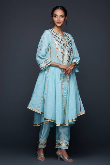 Shop Gulabo By Abu Sandeep Blue Jamdani Embroidered Gota Notched Applique Work Flared Kurta Online at Aza Fashions Shop_Gulabo By Abu Sandeep_Blue Jamdani Embroidered Gota Notched Applique Work Flared Kurta _Online_at_Aza_Fashions