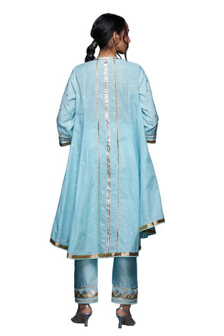 Buy Gulabo By Abu Sandeep Blue Jamdani Embroidered Gota Notched Applique Work Flared Kurta Buy_Gulabo By Abu Sandeep_Blue Jamdani Embroidered Gota Notched Applique Work Flared Kurta
