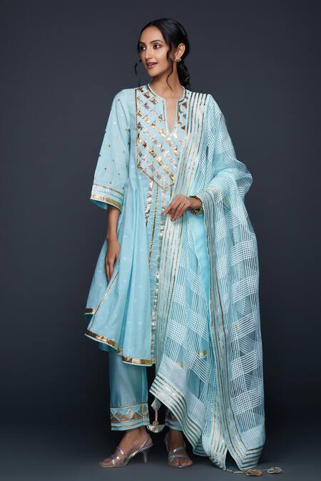 Shop Gulabo By Abu Sandeep Blue Jamdani Embroidered Gota Notched Applique Work Flared Kurta Shop_Gulabo By Abu Sandeep_Blue Jamdani Embroidered Gota Notched Applique Work Flared Kurta