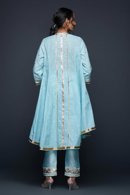 Shop Gulabo By Abu Sandeep Blue Jamdani Embroidered Gota Notched Applique Work Flared Kurta at Aza Fashions Shop_Gulabo By Abu Sandeep_Blue Jamdani Embroidered Gota Notched Applique Work Flared Kurta _at_Aza_Fashions