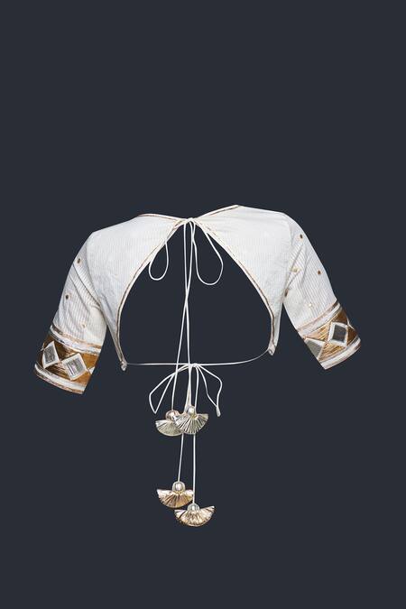 Shop Gulabo By Abu Sandeep White Jamdani Embroidered Gota Round Work Blouse Online at Aza Fashions Shop_Gulabo By Abu Sandeep_White Jamdani Embroidered Gota Round Work Blouse _Online_at_Aza_Fashions