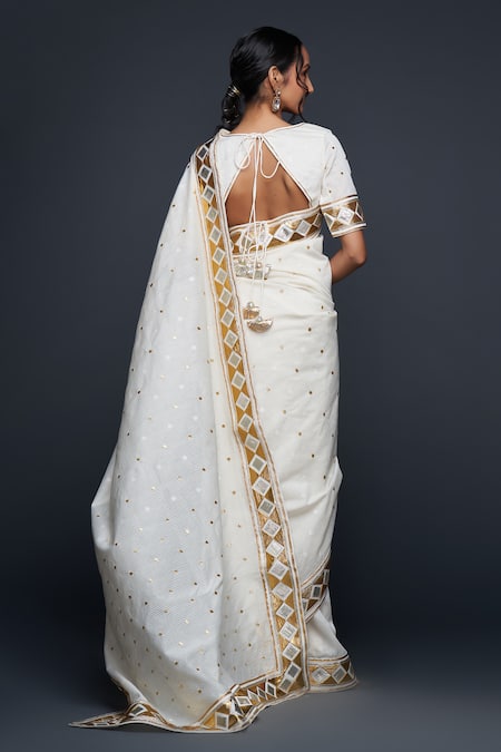 Shop Gulabo By Abu Sandeep White Jamdani Embroidered Gota Round Work Blouse at Aza Fashions Shop_Gulabo By Abu Sandeep_White Jamdani Embroidered Gota Round Work Blouse _at_Aza_Fashions