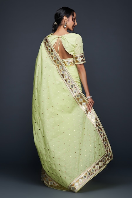 Shop Gulabo By Abu Sandeep Green Jamdani Embroidered Gota Round Applique Blouse at Aza Fashions Shop_Gulabo By Abu Sandeep_Green Jamdani Embroidered Gota Round Applique Blouse _at_Aza_Fashions