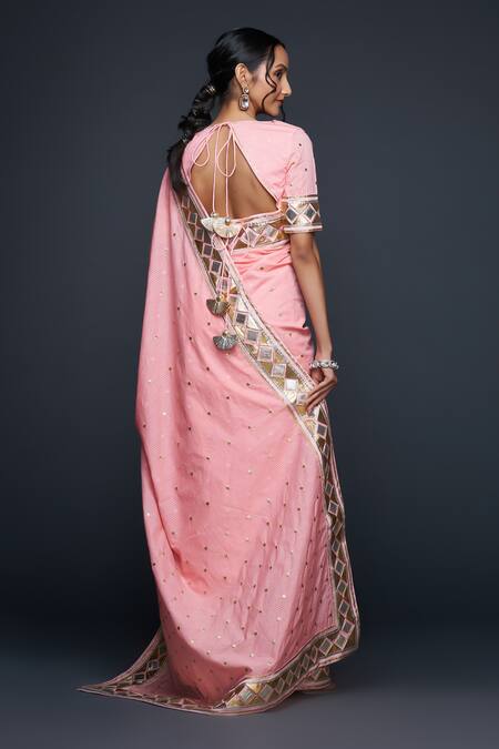 Shop Gulabo By Abu Sandeep Peach Jamdani Embroidered Gota Round Applique Work Blouse Online at Aza Fashions Shop_Gulabo By Abu Sandeep_Peach Jamdani Embroidered Gota Round Applique Work Blouse _Online_at_Aza_Fashions