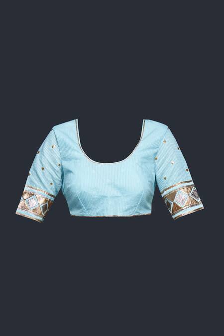 Gulabo By Abu Sandeep Blue Jamdani Embroidered Gota Round Applique Sleeves Blouse Online at Aza Fashions Gulabo By Abu Sandeep_Blue Jamdani Embroidered Gota Round Applique Sleeves Blouse _Online_at_Aza_Fashions