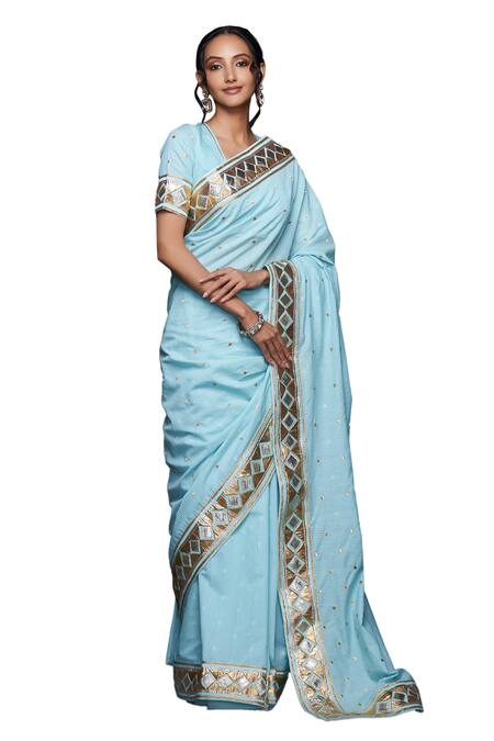 Buy Gulabo By Abu Sandeep Blue Jamdani Embroidered Gota Round Applique Sleeves Blouse Online at Aza Fashions Buy_Gulabo By Abu Sandeep_Blue Jamdani Embroidered Gota Round Applique Sleeves Blouse _Online_at_Aza_Fashions