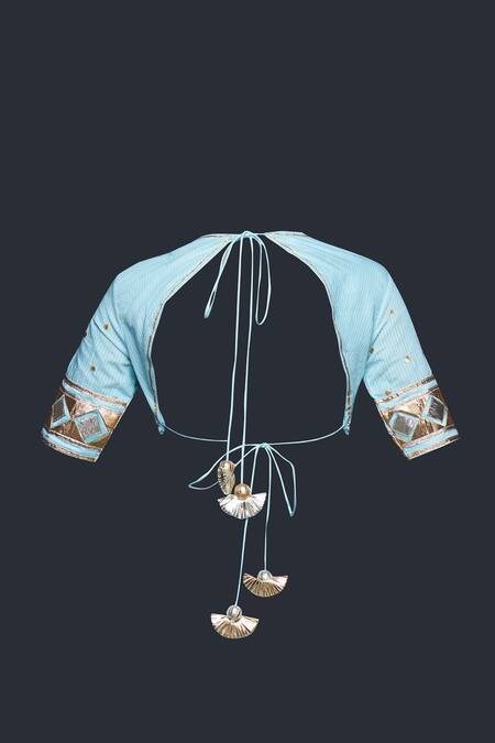 Shop Gulabo By Abu Sandeep Blue Jamdani Embroidered Gota Round Applique Sleeves Blouse Online at Aza Fashions Shop_Gulabo By Abu Sandeep_Blue Jamdani Embroidered Gota Round Applique Sleeves Blouse _Online_at_Aza_Fashions