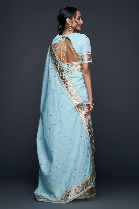 Gulabo By Abu Sandeep Blue Jamdani Embroidered Gota Round Applique Sleeves Blouse at Aza Fashions Gulabo By Abu Sandeep_Blue Jamdani Embroidered Gota Round Applique Sleeves Blouse _at_Aza_Fashions