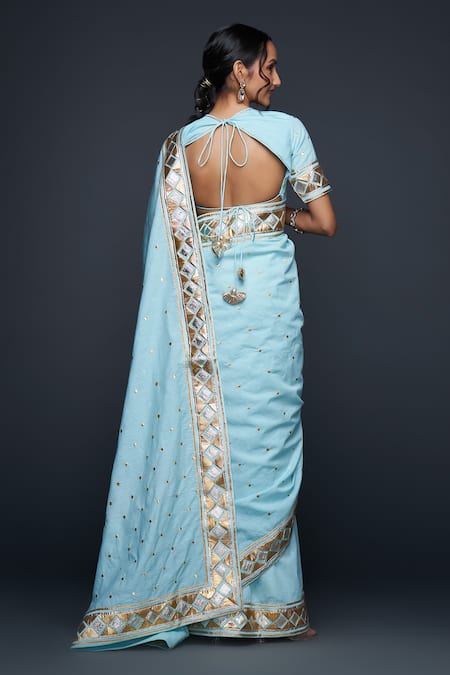 Shop Gulabo By Abu Sandeep Blue Jamdani Embroidered Gota Round Applique Sleeves Blouse at Aza Fashions Shop_Gulabo By Abu Sandeep_Blue Jamdani Embroidered Gota Round Applique Sleeves Blouse _at_Aza_Fashions