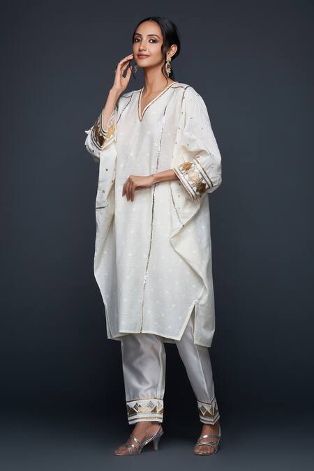Buy Gulabo By Abu Sandeep White Jamdani Embroidered Gota V Neck Applique Work Kaftan Buy_Gulabo By Abu Sandeep_White Jamdani Embroidered Gota V Neck Applique Work Kaftan