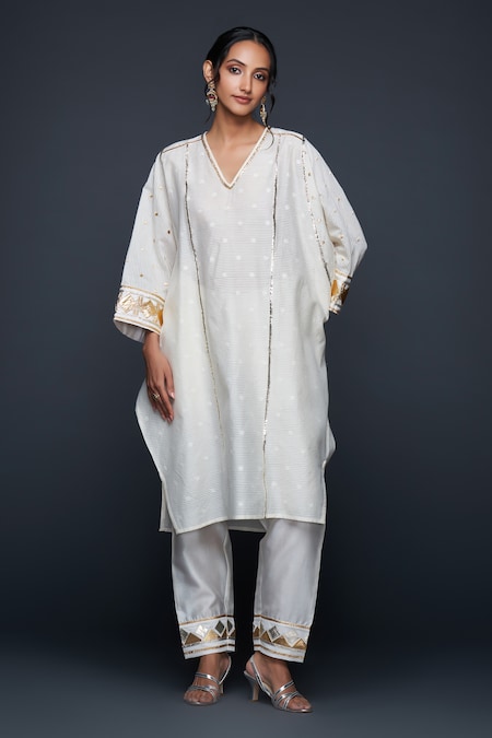 Gulabo by Abu Sandeep White Jamdani Embroidered Gota V Neck Applique Work Kaftan 