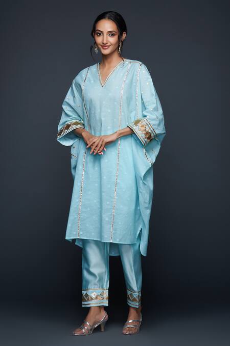 Shop Gulabo By Abu Sandeep Blue Jamdani Embroidered Gota V Neck Applique Kaftan Online at Aza Fashions Shop_Gulabo By Abu Sandeep_Blue Jamdani Embroidered Gota V Neck Applique Kaftan _Online_at_Aza_Fashions